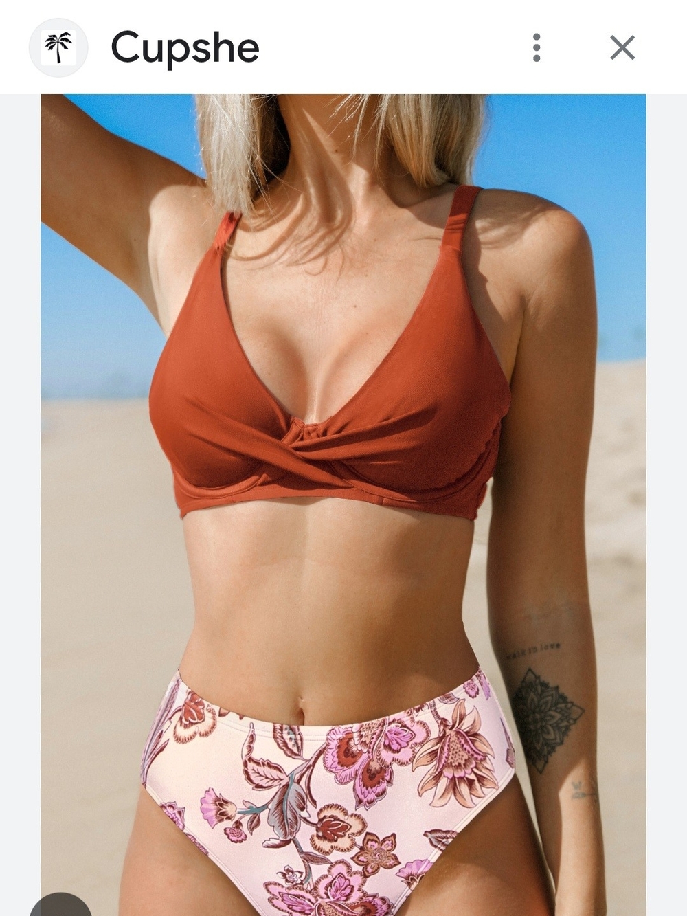 Cupshe Rust Twist Bikini Top with Pink Floral High-Waist Bottoms